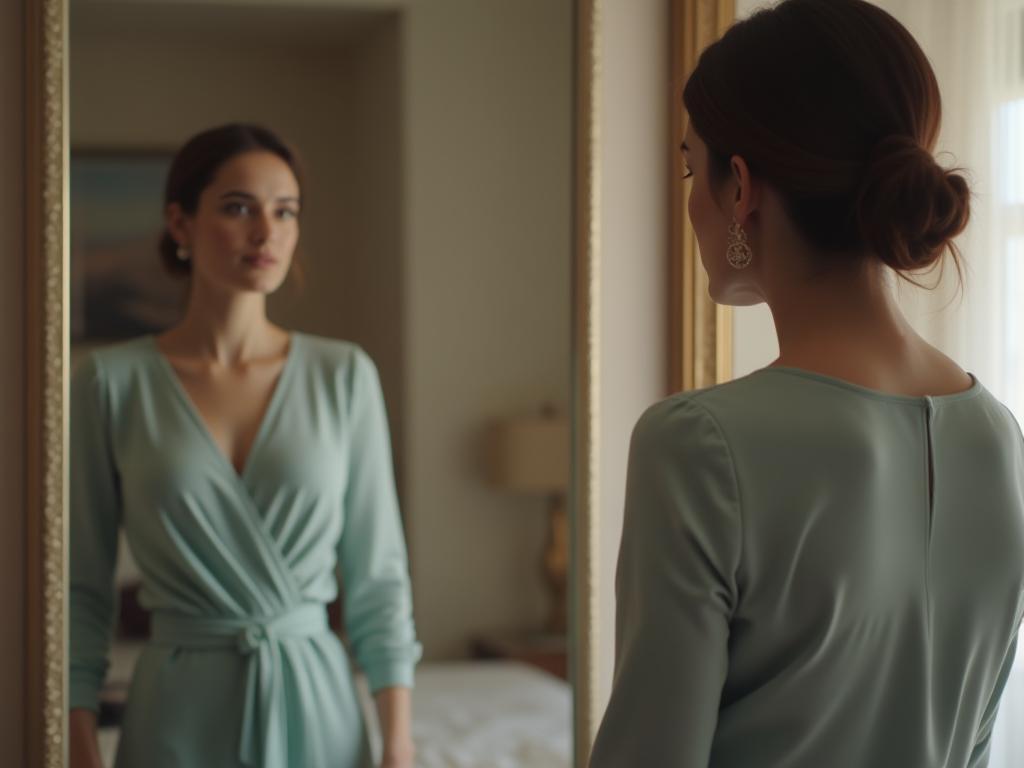 Stylish woman looking confidently at her reflection in a mirror after a style transformation.