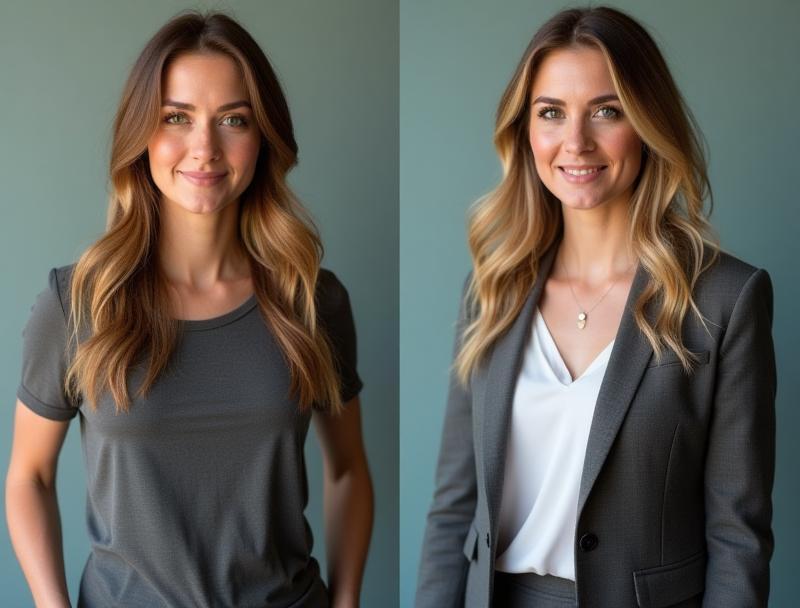 Before and after photo of a professional style makeover, showing a client looking more polished.