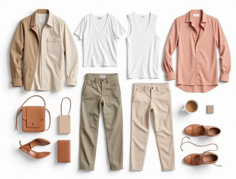 Selection of clothing items for a vacation capsule wardrobe, demonstrating versatility.